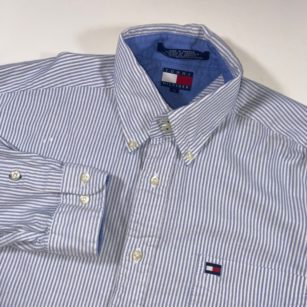 Tommy Hilfiger Mens Blue White Striped Oxford Button‎ Down Shirt Large P212